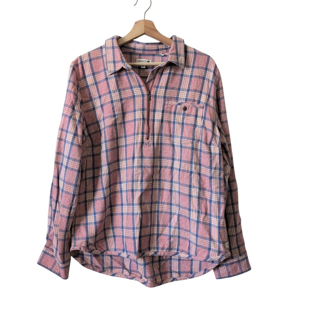 Toad&Co Bodie Dos 1/4 Zip Pink Blue Plaid Flannel Pullover XL Gorpcore Hiking